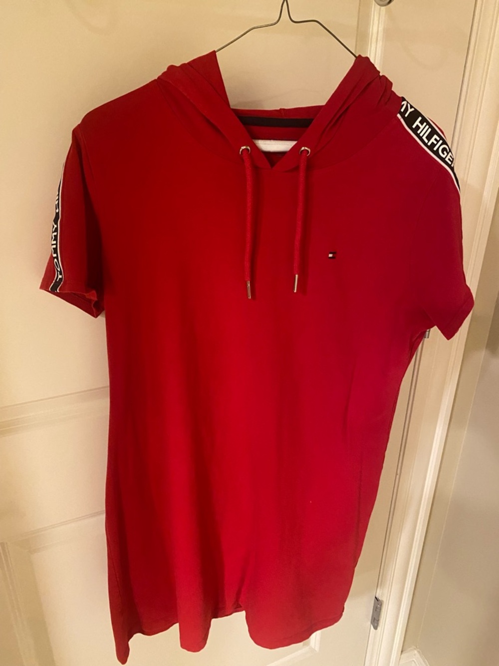 Tommy Hilfiger Red Hooded Short-Sleeve Dress with Logo, sz L